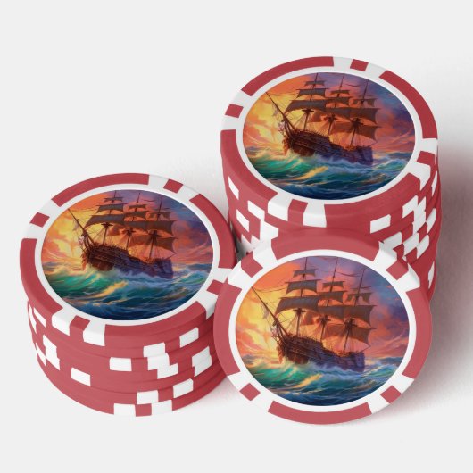 荒海の帆船 ポーカーチップ (積み重ね)