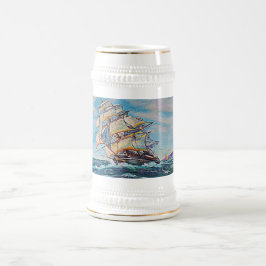 荒海の油絵に帆船 ビールジョッキ