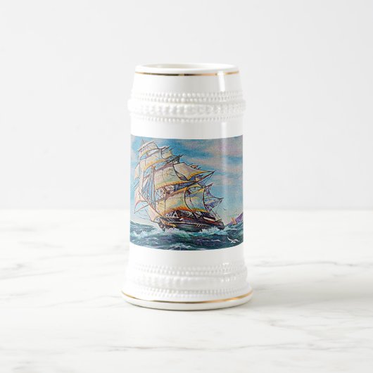 荒海の油絵に帆船 ビールジョッキ (中央)
