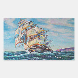 荒海の油絵に帆船 長方形シール