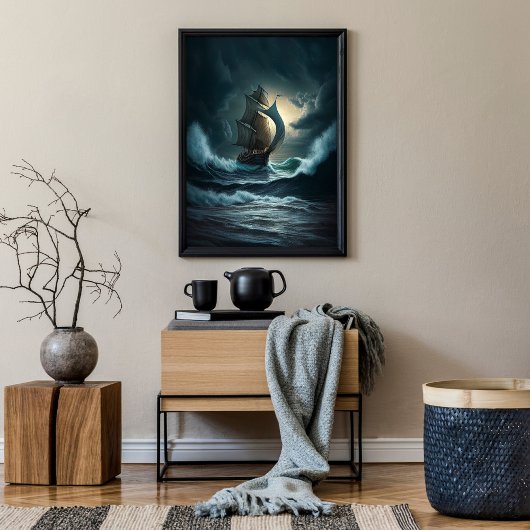 荒海を航行する木造船 ポスター