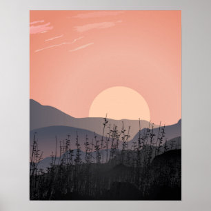 荒涼とした風景の夕日の景色 ポスター