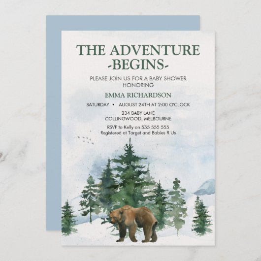 荒野の木々茶色のクマ赤ちゃんシャワー 招待状 (正面/裏面)