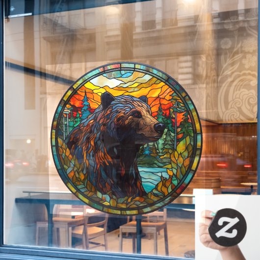 荒野の森のクマフェイクステンドグラス ウィンドウサイン (カフェ窓)