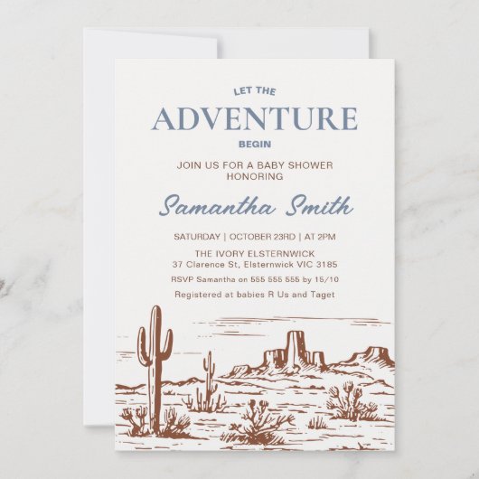 荒野の砂漠の冒険を始める赤ちゃんシャワー 招待状 (正面)
