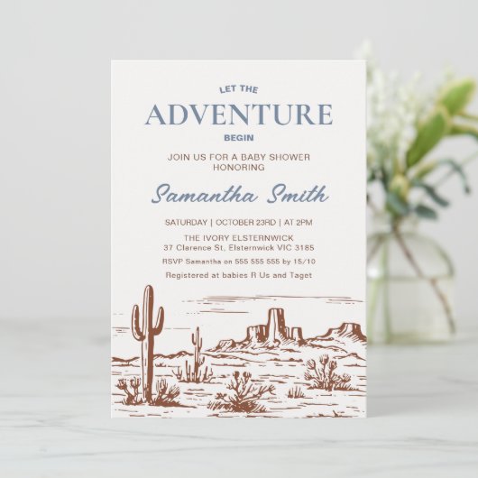 荒野の砂漠の冒険を始める赤ちゃんシャワー 招待状 (スタンド正面)