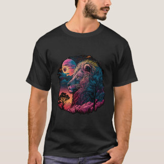 荒野カラフル自然のリアルなライオンOn Mo Tシャツ