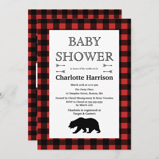 荒野素朴と動物のプレイドベビーシャワー 招待状 (正面/裏面)