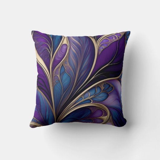 荘厳な開花 - 深い紫と青の抽象芸術 クッション (裏面)