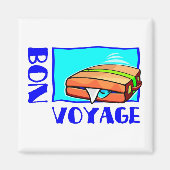 荷物でいっぱいの膨らんだスーツケース： "Bon Voyage!" マグネット (正面)