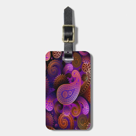 荷物のラベルか紫色のペイズリー ラゲッジタグ (正面縦)