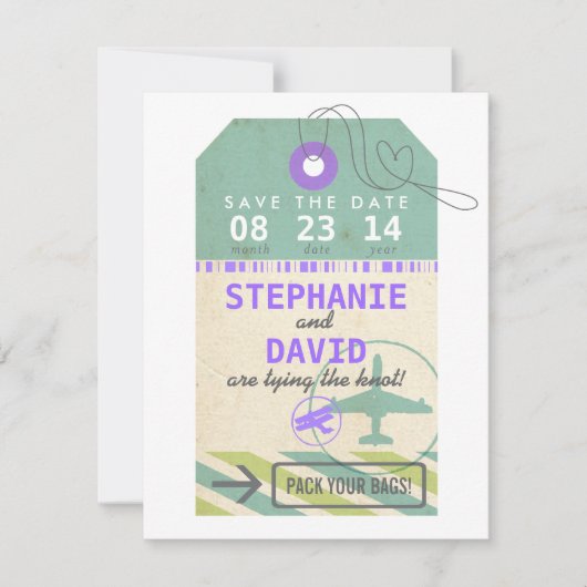 荷物のラベルのヴィンテージの行先の結婚式の保存の日付 セーブザデート (正面)