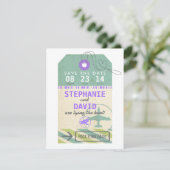 荷物のラベルのヴィンテージの行先の結婚式の保存の日付 セーブザデート (スタンド正面)