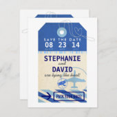 荷物のラベルのヴィンテージの行先の結婚式の保存の日付 セーブザデート (正面/裏面)