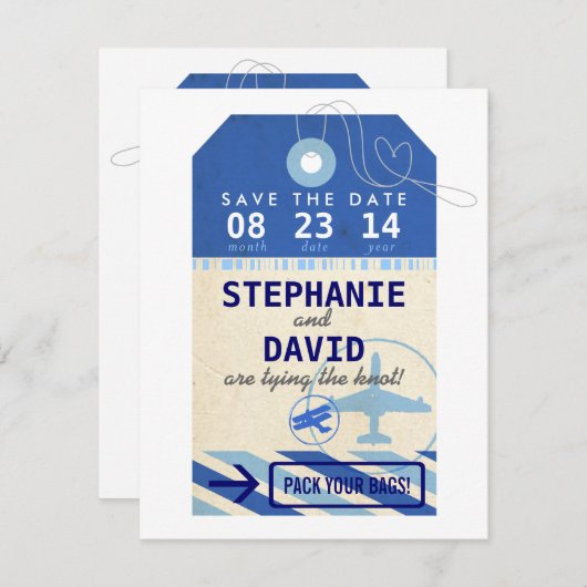 荷物のラベルのヴィンテージの行先の結婚式の保存の日付 セーブザデート (正面/裏面)