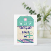 荷物のラベルのヴィンテージの行先の結婚式の保存の日付 セーブザデート (スタンド正面)