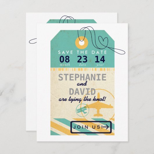 荷物のラベルの航空郵便の行先の結婚式の保存の日付 セーブザデート (正面/裏面)