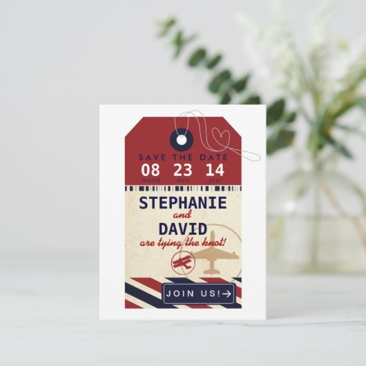 荷物のラベルの航空郵便の行先の結婚式の保存の日付 セーブザデート (スタンド正面)