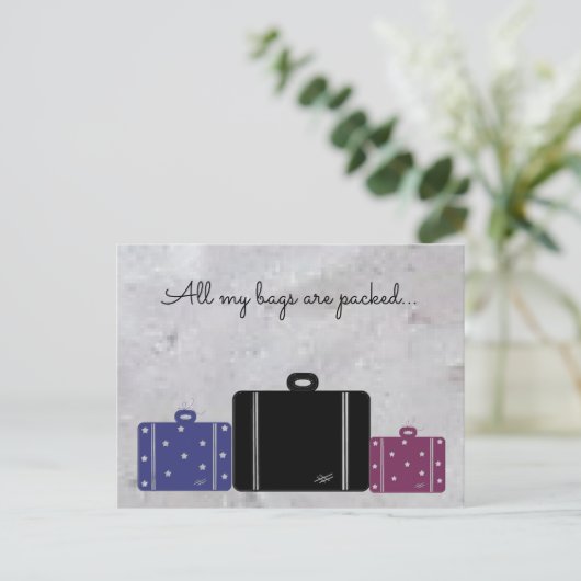 荷物を詰めたスーツケースと言葉 ポストカード (スタンド正面)