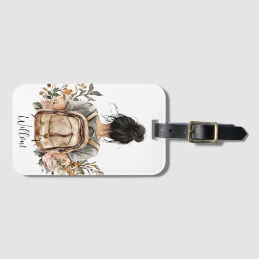 荷物パーソナライズされたタグ – 黒髪の女性 ラゲッジタグ (正面横)