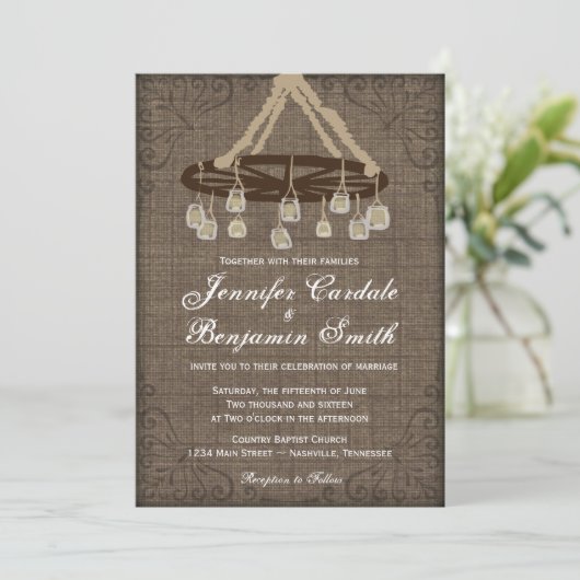 荷馬車の車輪のメーソンジャーのシャンデリアの結婚式の招待 招待状 (スタンド正面)