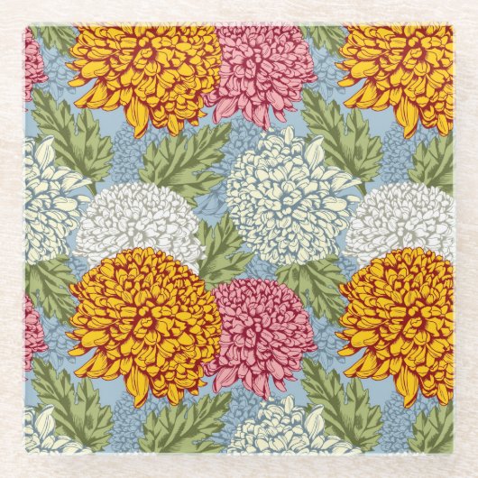 菊が付いている優秀なパターン ガラスコースター (正面)