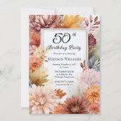 菊と芍薬のフラワー 50歳の誕生日パーティー 招待状 (正面)