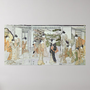 菊のかご入りの若い女性 ポスター