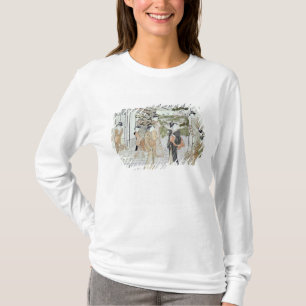 菊のバスケットを持つ若い女性 Tシャツ