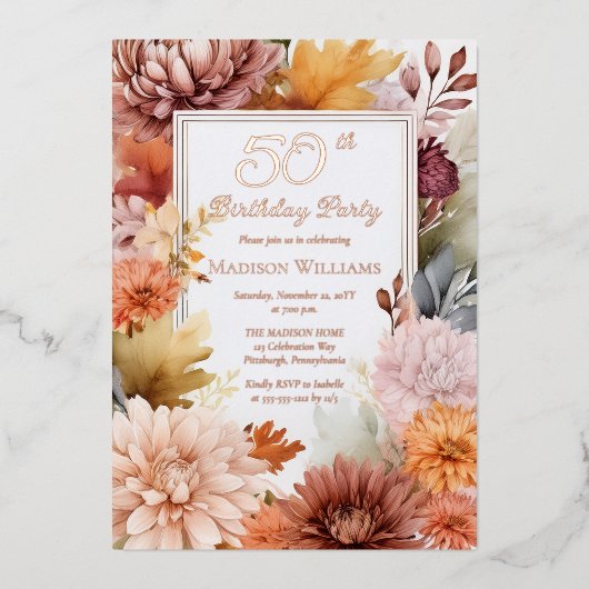 菊の牡丹フローラ50th誕生日パーティー 箔招待状 (正面)