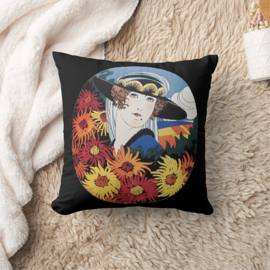 菊の花を咲かせた婦人 クッション (ブランケット)