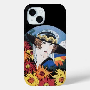 菊の花を持つ婦人、黒 iPhone 15ケース