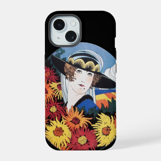 菊の花を持つ婦人、黒 iPhone 15ケース (裏面)
