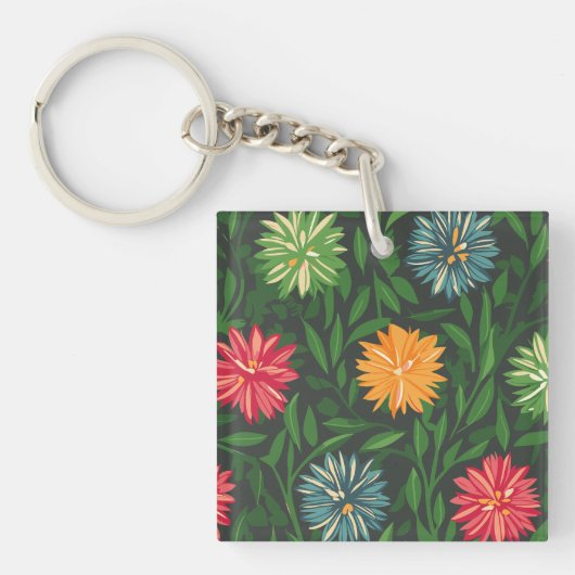 菊カラフルと緑の葉柄 キーホルダー (正面)