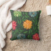 菊カラフルと緑の葉柄 クッション (ブランケット)