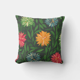 菊カラフルと緑の葉柄 クッション