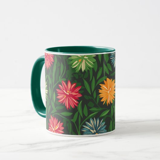 菊カラフルと緑の葉柄 マグカップ (正面左)