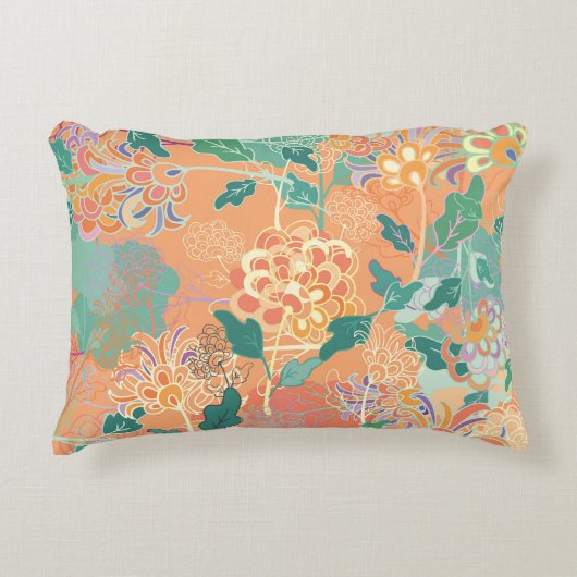 菊中国の:フローラオレンジ柄。 アクセントクッション (正面)