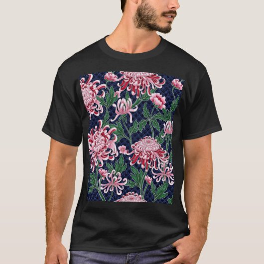 菊日本の牡丹ヴィンテージ模様 Tシャツ (正面)