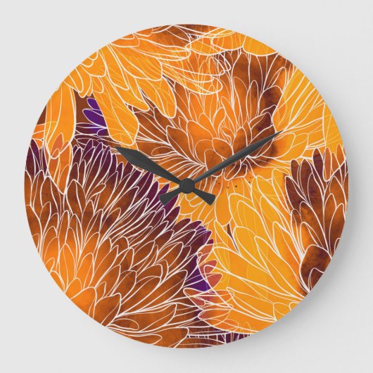 菊日本の：水彩継ぎ目なし模様 ラージ壁時計 (正面)