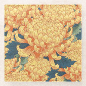 菊日本の:黄色の花柄。 ガラスコースター (正面)