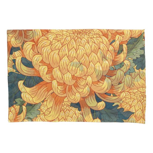 菊日本の：黄色の花柄。 枕カバー (正面)