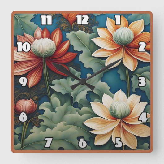 菊鮮やかデザイン スクエア壁時計 (正面)
