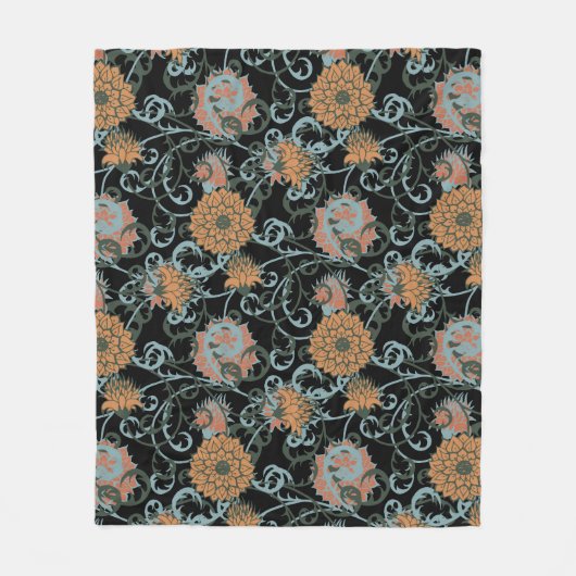 菊黒背景、フローラヴィンテージ。 フリースブランケット (正面)