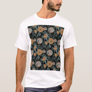 菊黒背景、フローラヴィンテージ。 Tシャツ