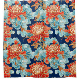 菊、雲中国の模様の背景 シャワーカーテン