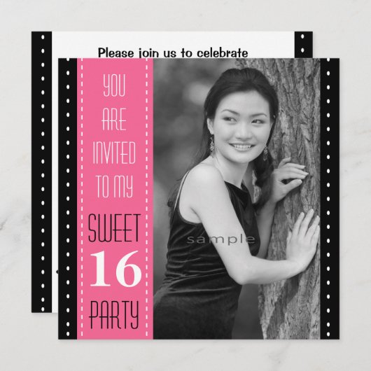 菓子の第16誕生日の黒いピンクの大きい写真 招待状 (正面/裏面)
