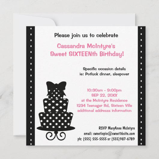 菓子の第16誕生日の黒いピンクの大きい写真 招待状 (裏面)