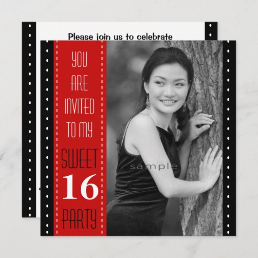 菓子の第16誕生日の黒く赤く大きい写真 招待状 (正面/裏面)