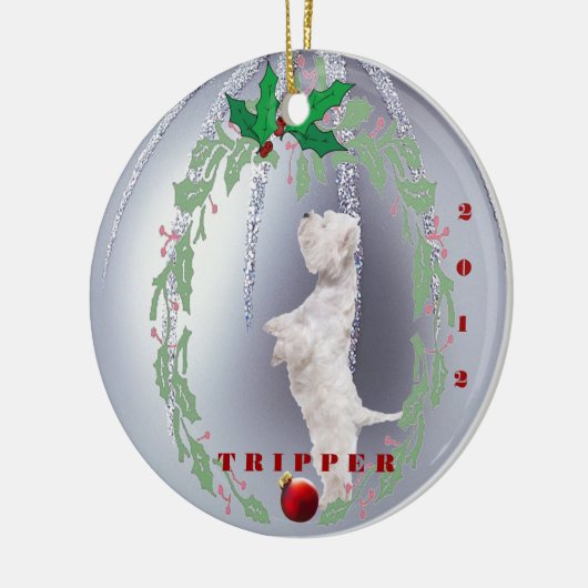 菓子はそれを- Westie Puppysの第1クリスマスカスタマイズ セラミックオーナメント (左)